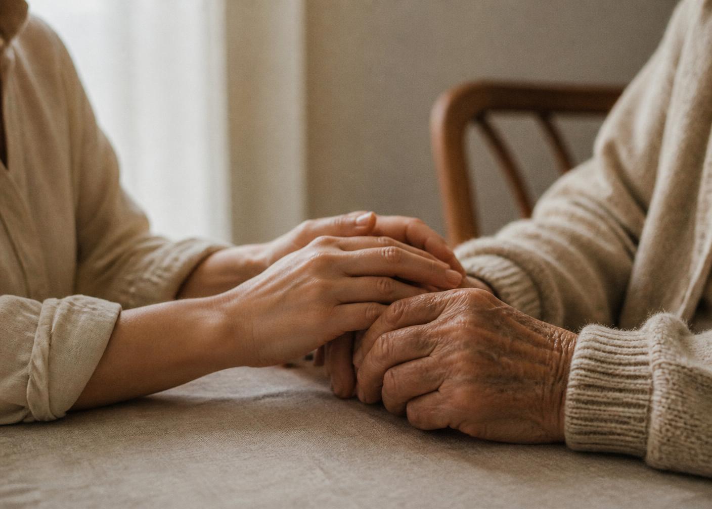 A caregiver's hands resting gently over an elderly person's hands